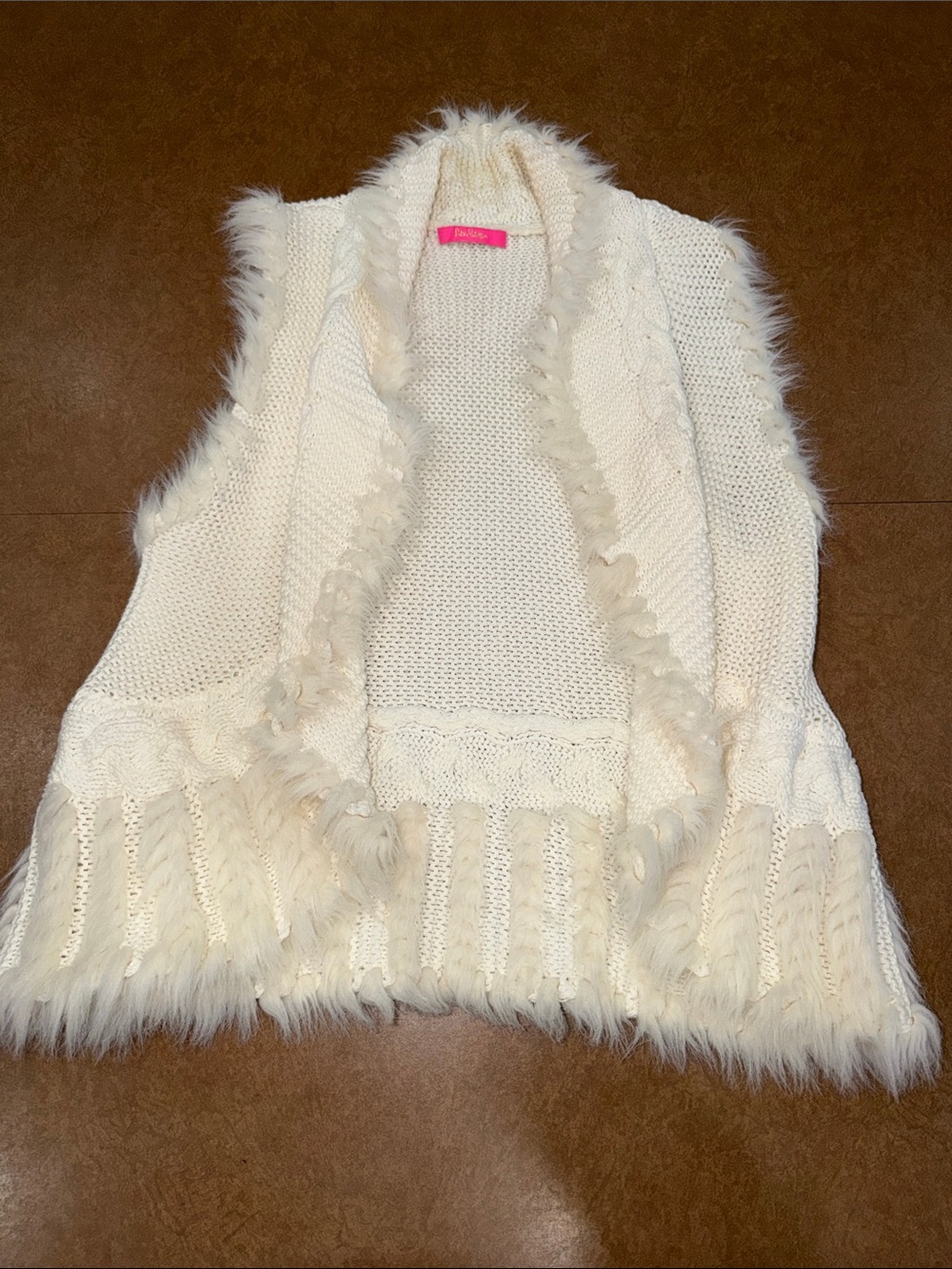 Lilly Pulitzer Torini Sweater Vest in Coco Cream w/ Faux-Fur Trim • NO Size Tag